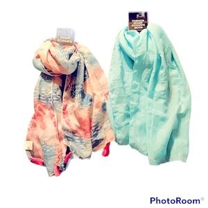 NWT 2 Pink Floral with Tassels & Blue Aqua Solid Scarfs for Neck, Hair, Fashion